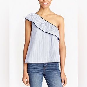 J. CREW FACTORY One Shoulder Ruffle Blue & White Striped Top with Navy Trim